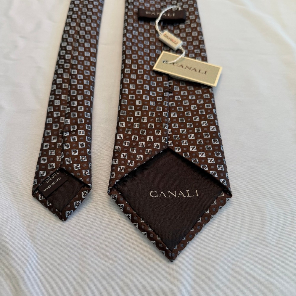 Canali Tie Mens OS Classic Brown Geometric Square 100% Silk Made in Italy NWT